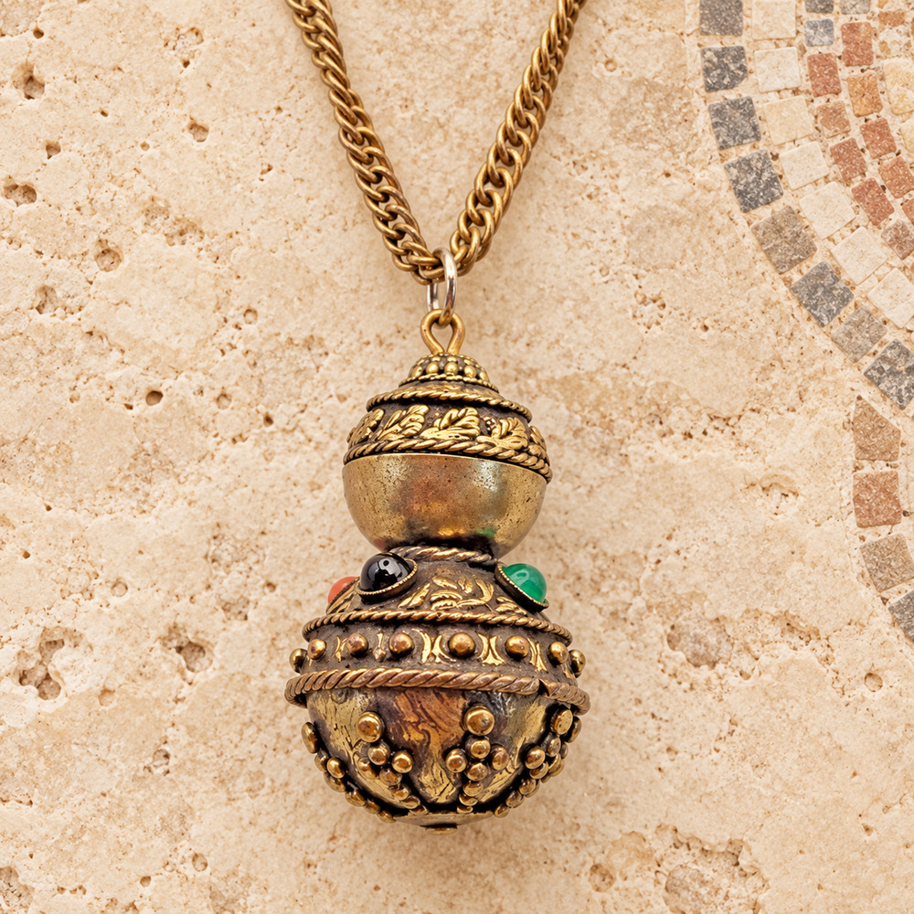 Vintage Etruscan Revival Gourd Pendant Necklace 30” Double Chain Color Cabochons